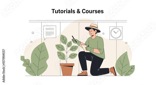 Man Studying Plant Growth In Garden Online Course Concept Illustration