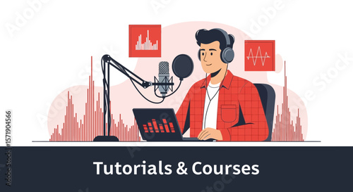 Man Streaming Online Podcast With Microphone On Laptop For Music Production