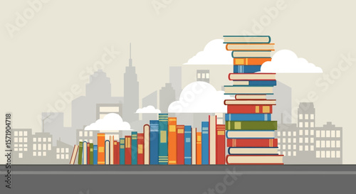 Urban Knowledge: A Vibrant Bookshelf Silhouette Against a Cityscape Backdrop Illustration