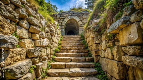 A stone stairway leading to the Labna enclosure's summit with a glimpse of the underground sacbe, Sacred Way, Mayan Stairway