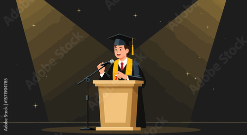 Valedictorian Giving Graduation Speech On Stage Under Spotlight Event