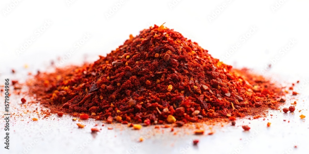 Fine red flakes of Gochugaru chili pepper powder scattered on a white background, spices Fine red flakes of Gochugaru chili pepper powder scattered on a white background, spices