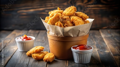Juicy chicken nuggets piled high in a crinkly paper bucket filled with crispy fried nugget scraps and tangy dipping sauce , snack, paper bucket