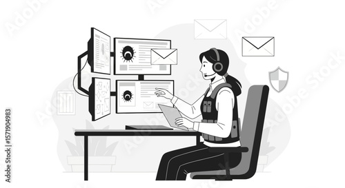 Vigilant Woman Protecting Digital Information From Cyber Threats In A Monochromatic Style