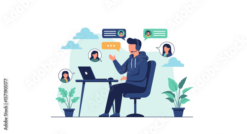 Virtual Meeting Illustration Showing Distant Teamwork And Communication During Pandemic