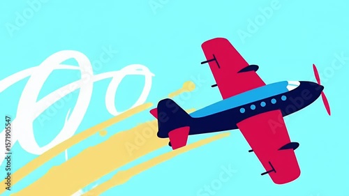 Flying Airplane Animated in Colorful Sky with Smoke Trails
