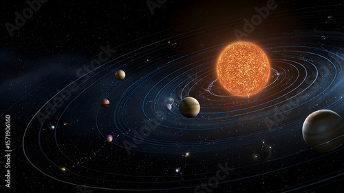 An illustration of a solar system showing a bright sun surrounded by planets orbiting on elliptical paths against a dark space background.