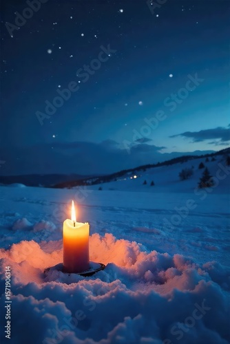 A single, flickering candle casts a warm glow on a desolate, snow-covered landscape at night The vast emptiness emphasizes the feeling of isolation and cold comfort , frigid, light, quiet