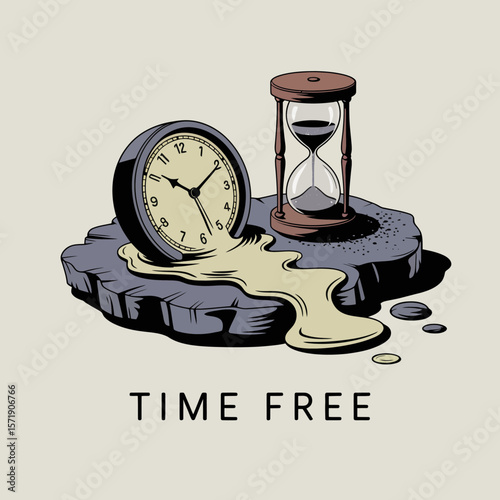 Surreal melting clock and hourglass on a rocky surface symbolizing the fluidity and distortion of time and the concept of time freedom
