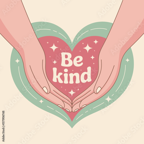 Hands forming a heart shape around the words be kind symbolizing compassion empathy and positive affirmations with a retro aesthetic and pastel colors