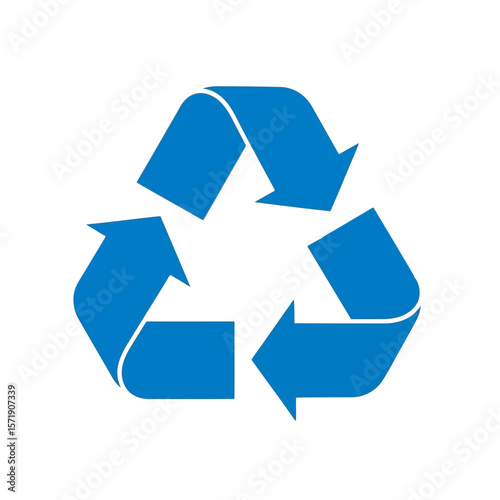 A blue recycling symbol with arrows forming a triangle represents environmental conservation isolated on white background