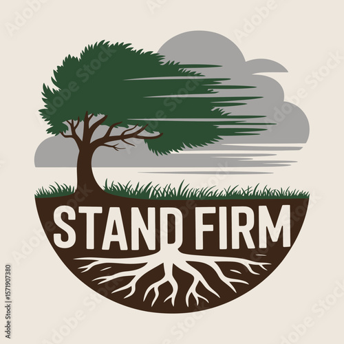 A solitary tree with deep roots stands firm against a stormy sky and strong winds symbolizing resilience and steadfastness