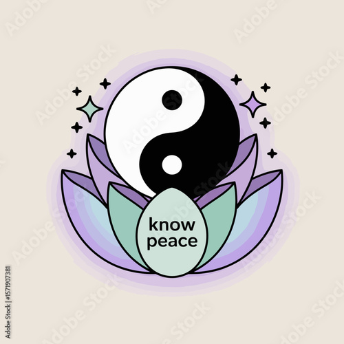 A serene illustration featuring a yin yang symbol nestled within a blooming lotus flower surrounded by sparkling stars conveying balance and inner peace