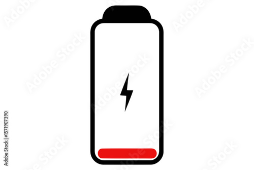 A low battery icon with a red indicator and lightning bolt, isolated on white background, symbolizes depleted power