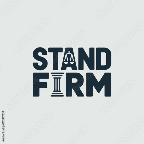 Stand firm law firm logo design featuring scales of justice and a column symbolizing strength and stability