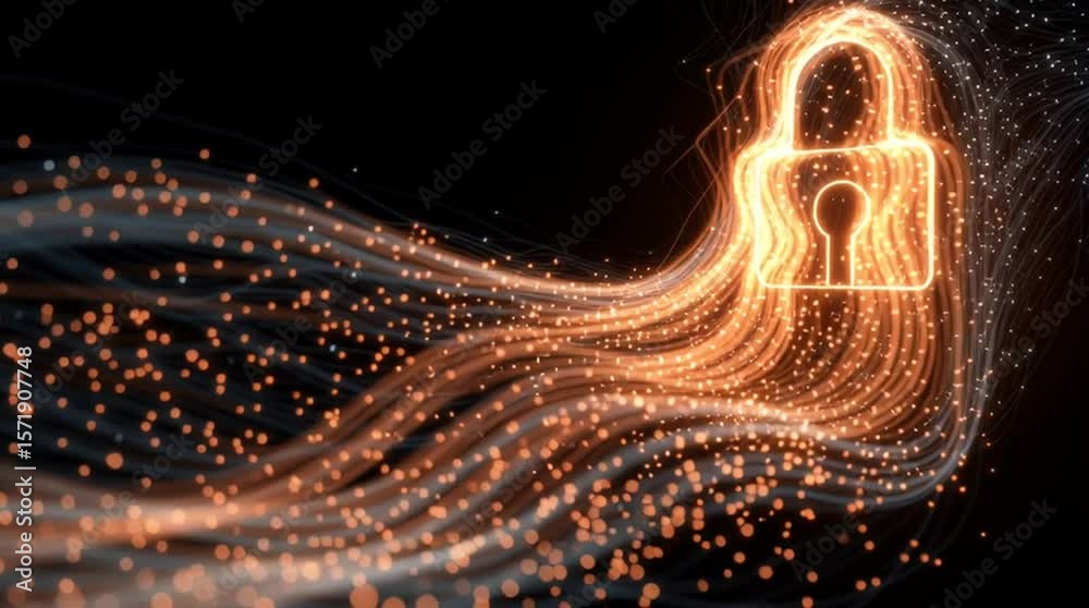 Glowing padlock icon with flowing light trails and sparkling particles on a dark background design