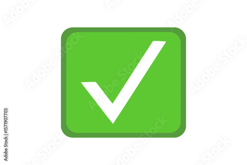A white check mark is displayed inside a green square isolated on white background, representing confirmation and positive selection