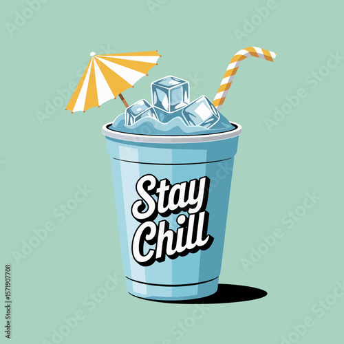 Refreshing blue iced beverage in a cup with a striped straw and a small umbrella featuring the text stay chill perfect for summer and relaxation