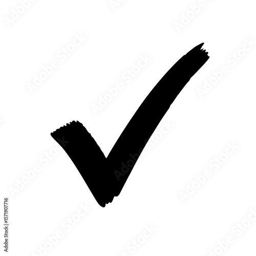 A black check mark is displayed isolated on white background, representing confirmation and positive selection