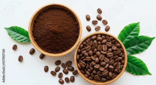 Bowl of ground coffee and beans isolated on white background, top view 02