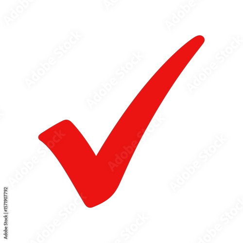 A red check mark isolated on white background signifies approval, success, and verification of a task