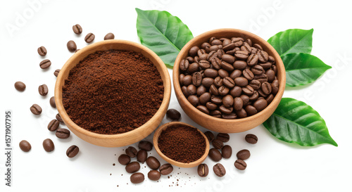Bowl of ground coffee and beans isolated on white background, top view 01