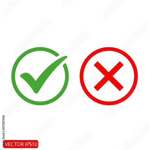 A green check mark and a red cross in circles represent approval and rejection, isolated on a white background