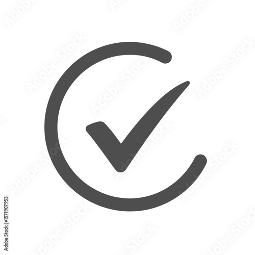 A dark gray check mark is enclosed within a circular shape, isolated on white background, representing approval and validation