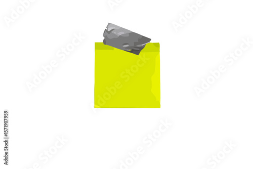 A yellow sticky note with a gray paper clip attached, isolated on white background, represents a reminder or memo
