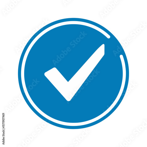 A white check mark is enclosed within a blue circular shape, isolated on white background, representing approval and validation