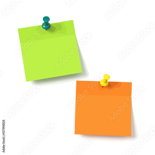 Two sticky notes, one green and one orange, pinned to a surface, isolated on white background