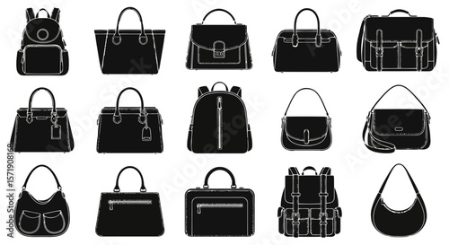 A diverse collection of black handbags and backpacks are displayed in silhouette, isolated on white background, representing fashion and style