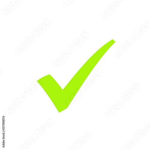 A bright green check mark is isolated on white background, indicating approval and verification