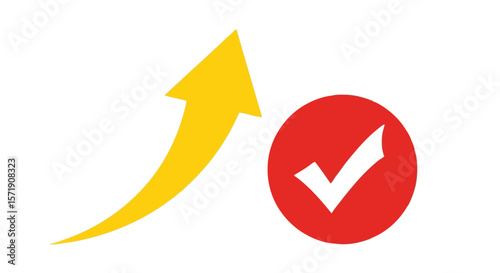 A yellow arrow pointing upwards with a red check mark isolated on white background represents growth, success, and positive progress