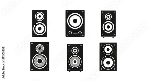 A collection of six black and white speaker icons, representing audio equipment and sound systems, isolated on white background