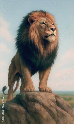 A mighty lion stands tall on a rock, embodying strength, pride, and natural dominance. An archetype of royalty, inner power, and confident leadership — born to rule and command respect.

