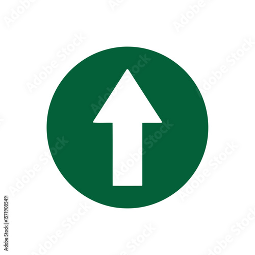 A white arrow pointing up is centered in a green circle isolated on white background, indicating direction and growth