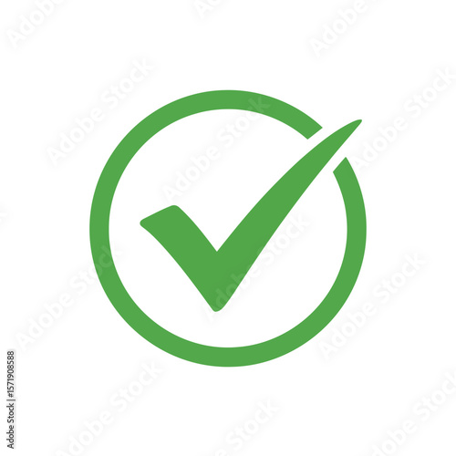 A green check mark inside a green circle signifies approval and is isolated on white background