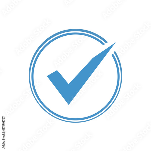 A blue check mark inside a blue double circle is isolated on white background, symbolizing agreement and positive confirmation