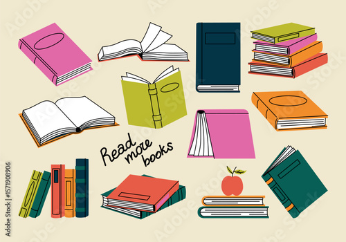 Set of different positions of books in coloful covers in a retro cartoon style. Read more books. Open and closed books, stacks of books. Collection for book lovers. Hand drawn educational vector art.