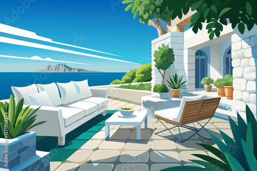 vector of Mediterranean patio ocean view; white furniture, white stone wall, outdoor relaxation; Ice white facade