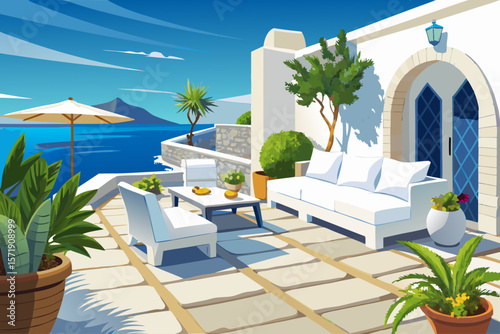 vector of Mediterranean patio ocean view; white furniture, white stone wall, outdoor relaxation; Ice white facade