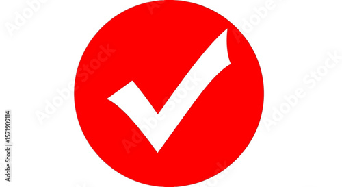 A bold white check mark is displayed inside a vibrant red circle, isolated on white background