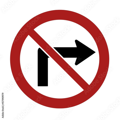 A red circle with a slash over a black arrow turning right, isolated on white background, signifies a no right turn traffic sign
