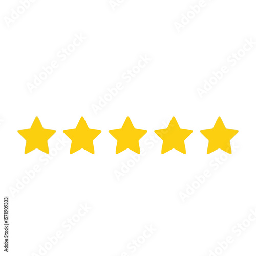 Five yellow stars are aligned in a row, isolated on white background, representing a top rating and positive customer feedback
