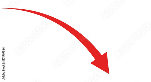 A curved red arrow pointing downwards isolated on white background indicates a decline or negative trend