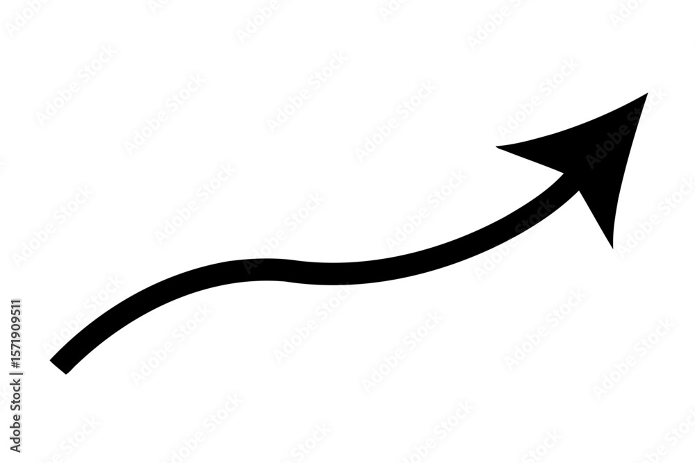 Fototapeta premium A black arrow curving upwards to the right is displayed isolated on white background