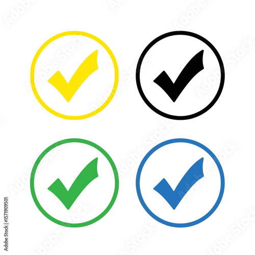 Four check marks in yellow, black, green, and blue are displayed in circles isolated on white background