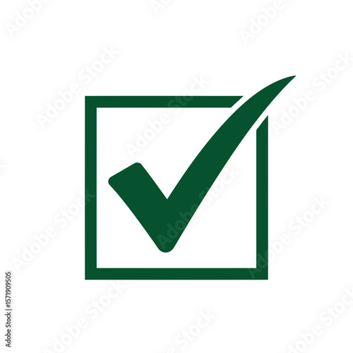 A green check mark inside a square box signifies approval and success, isolated on white background