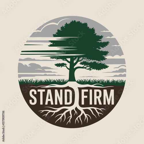 A strong tree with deep roots and the words stand firm is depicted in a circular emblem representing resilience stability and growth against a backdrop of stylized clouds and sky